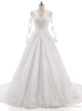 Long Sleeves V Neckline Backless Lace Appliques Wedding Gowns